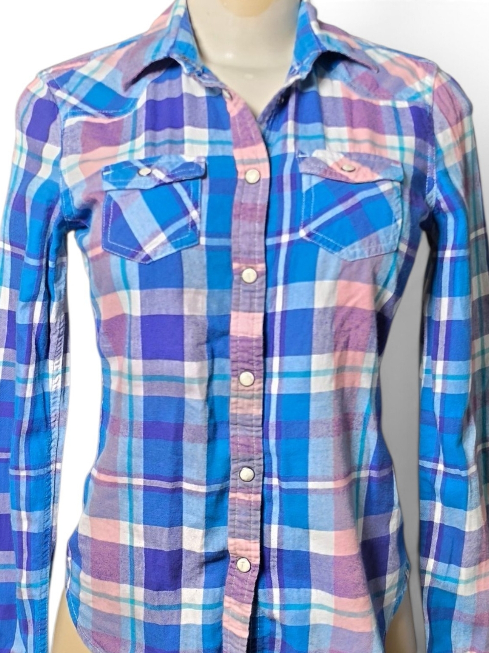 American Eagle Women’s Plaid Western Snap Shirt Flannel Blue Pink Cotton XS